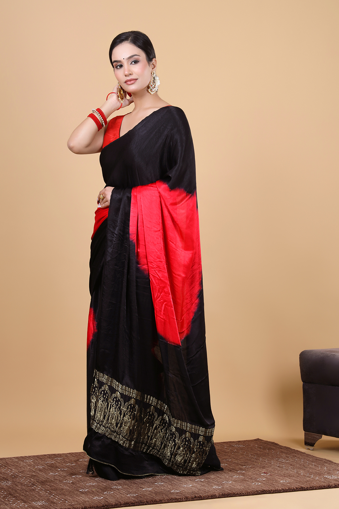 Black & Red Gajji Silk Saree with Unstitched Blouse